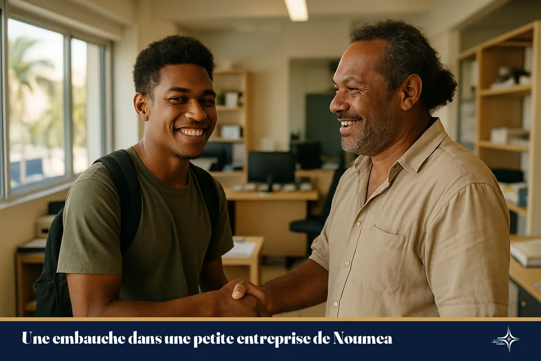 Un dirigeant accueille un nouveau salarié dans une petite entreprise à Nouméa