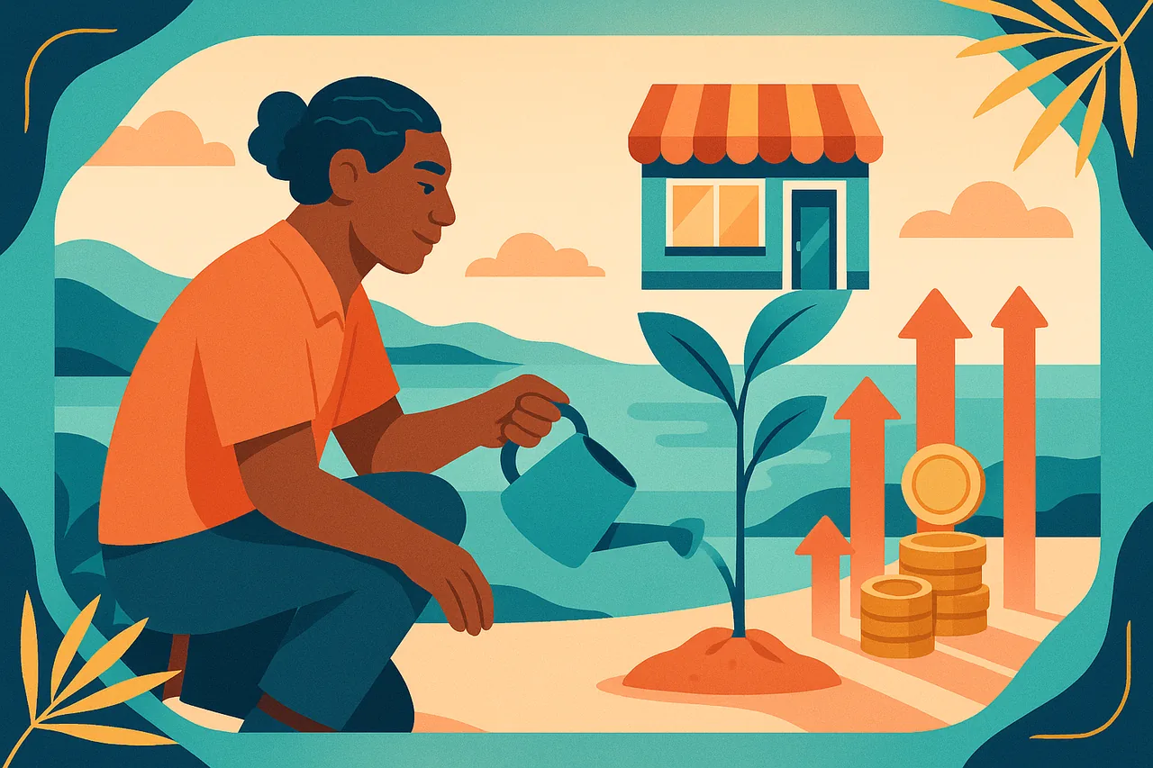 Illustration d'un créateur d'entreprise calédonien faisant grandir son projet