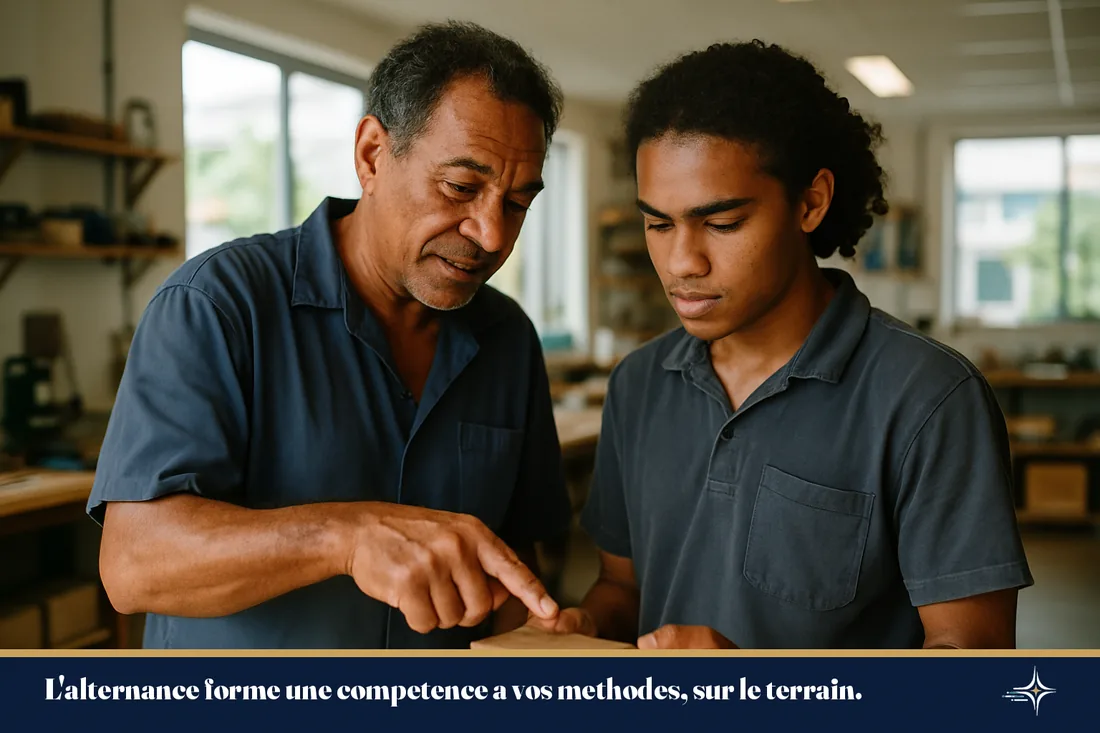 Un chef d'entreprise noumeen accompagne un jeune apprenti dans son atelier
