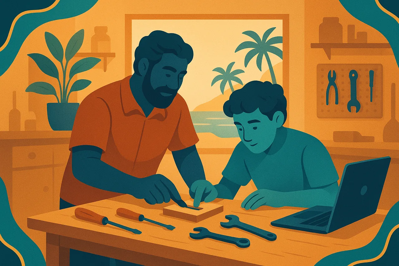 Illustration d'un tuteur formant un jeune apprenti dans une petite entreprise
