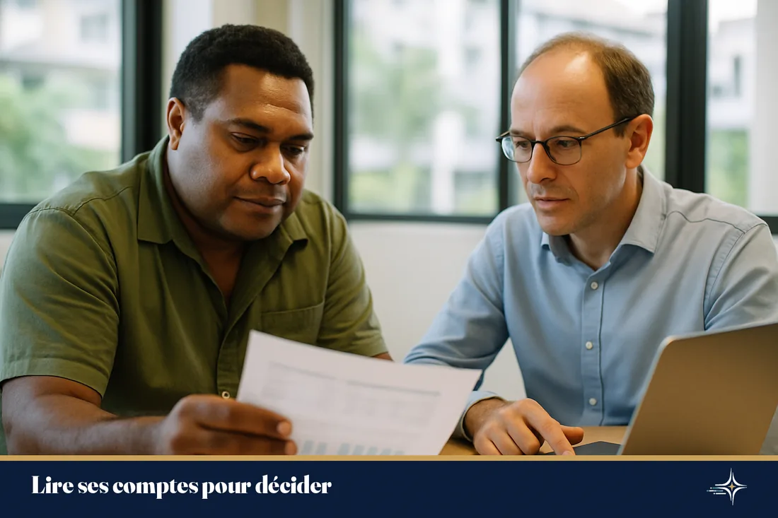 Un dirigeant calédonien et son expert-comptable examinent des états financiers dans un bureau lumineux à Nouméa