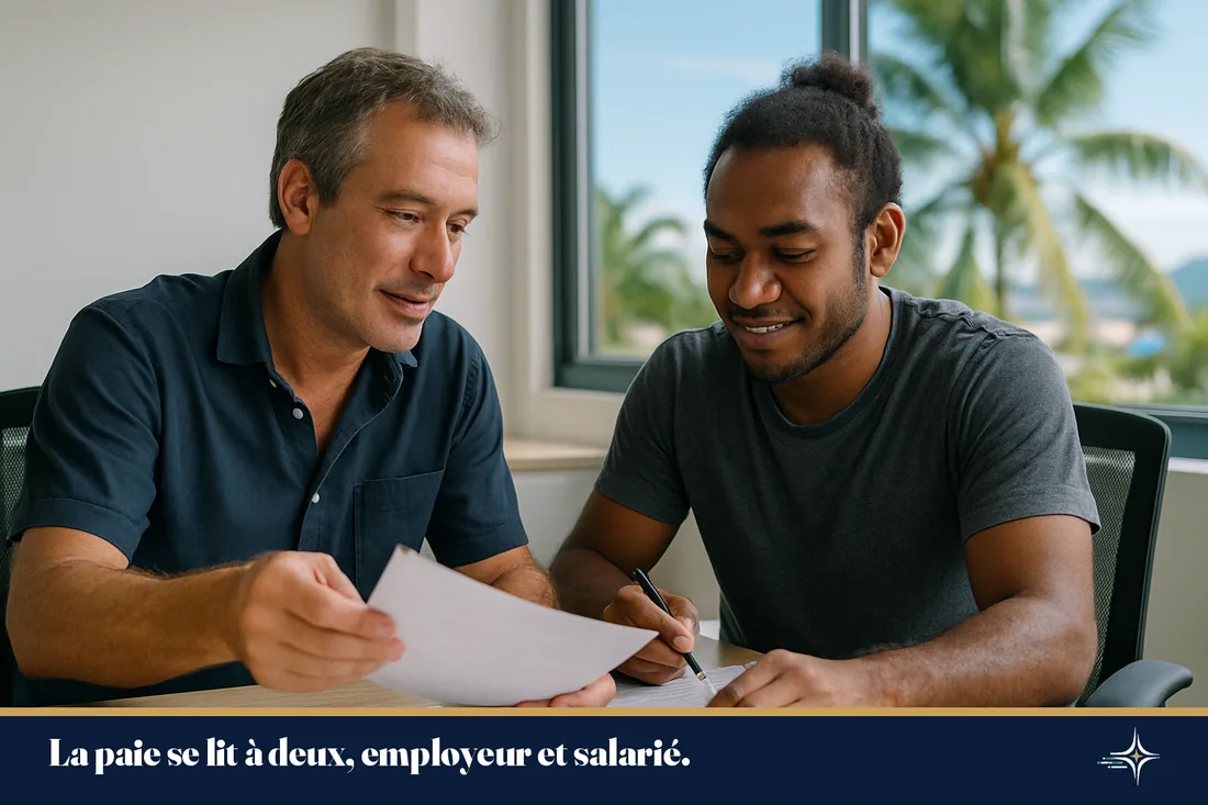 Un employeur et un salarié examinent des documents dans un bureau à Nouméa.