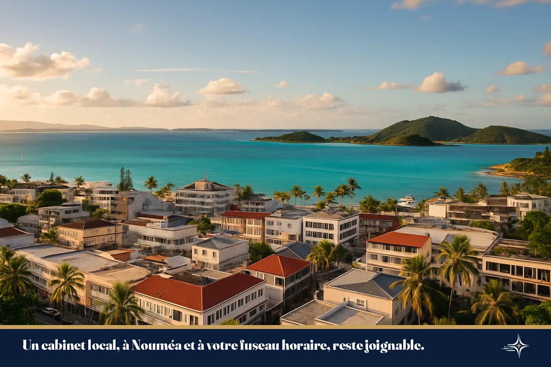 Vue paysage de Nouméa, quartier d'activité près du lagon