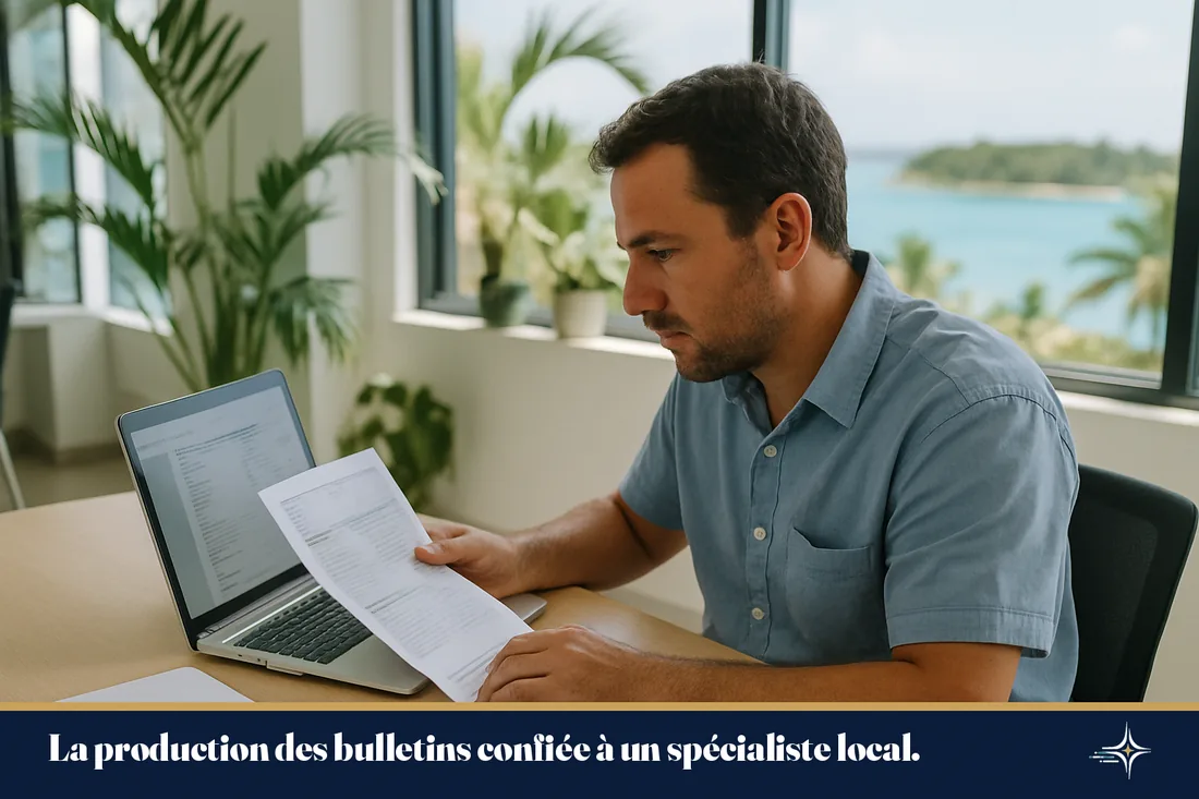 Gestionnaire de paie examinant des bulletins dans un bureau à Nouméa
