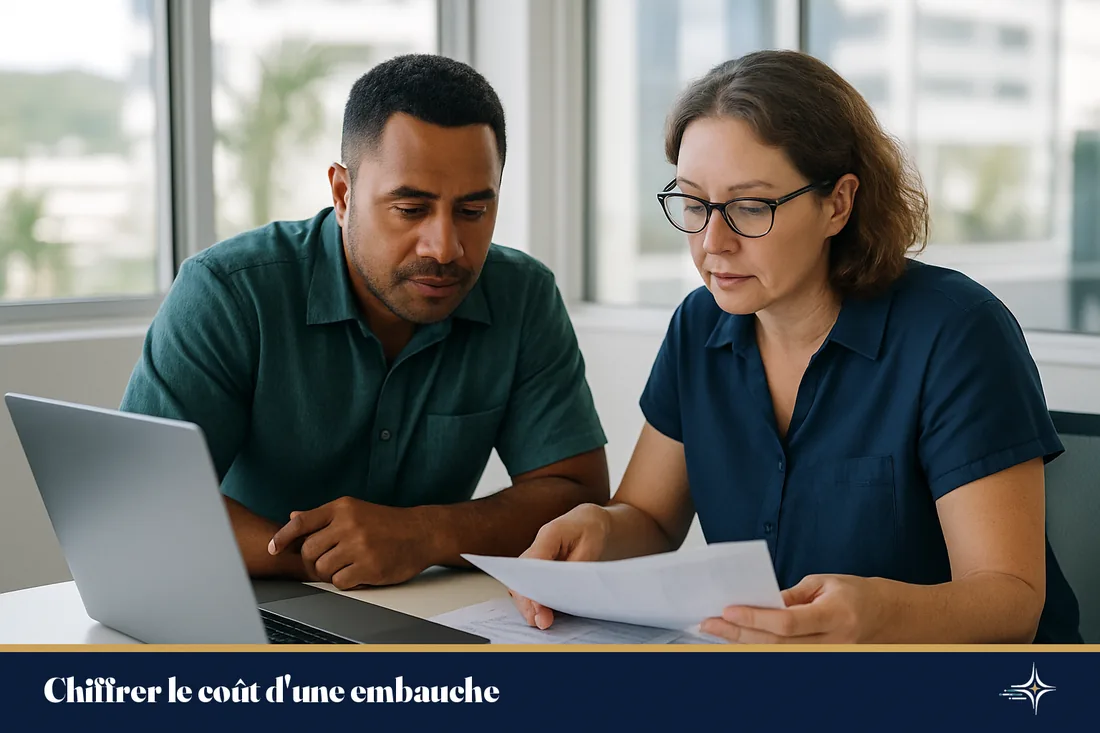 Un dirigeant et un comptable étudient le coût d'un salarié dans un bureau à Nouméa