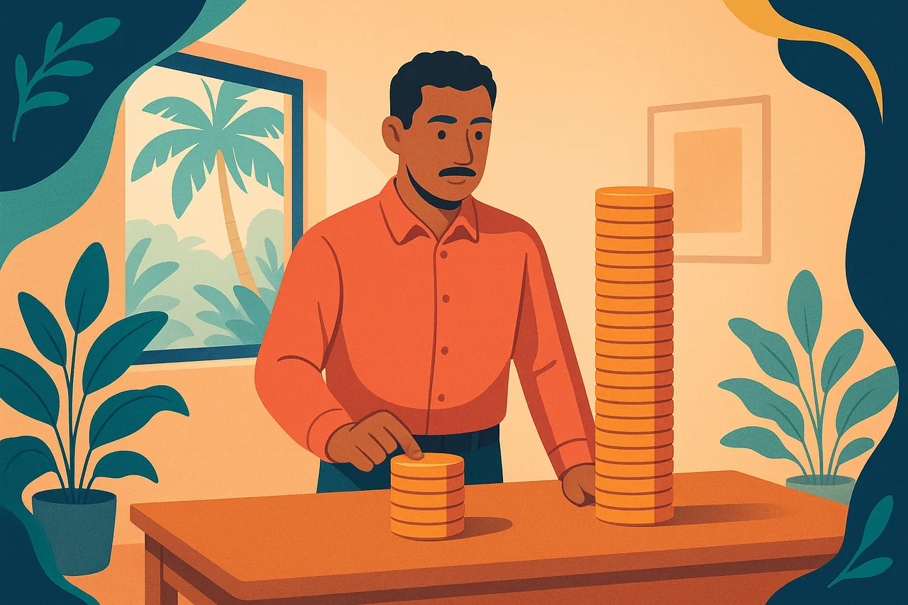 Illustration d'un dirigeant comparant deux piles de pièces, image du coût réel d'un salarié