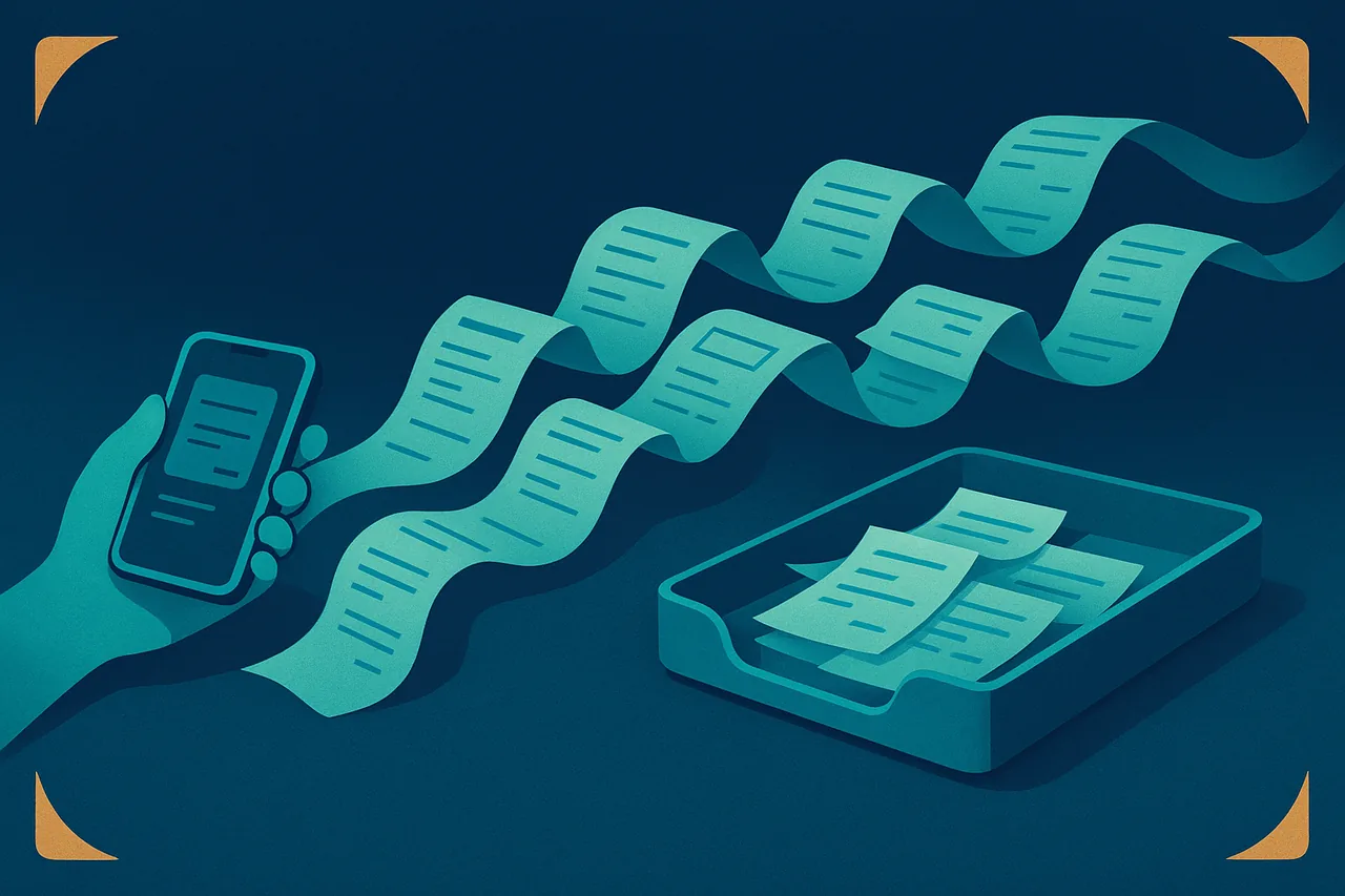 Illustration d'un flux continu de factures circulant en douceur vers un cabinet comptable organisé