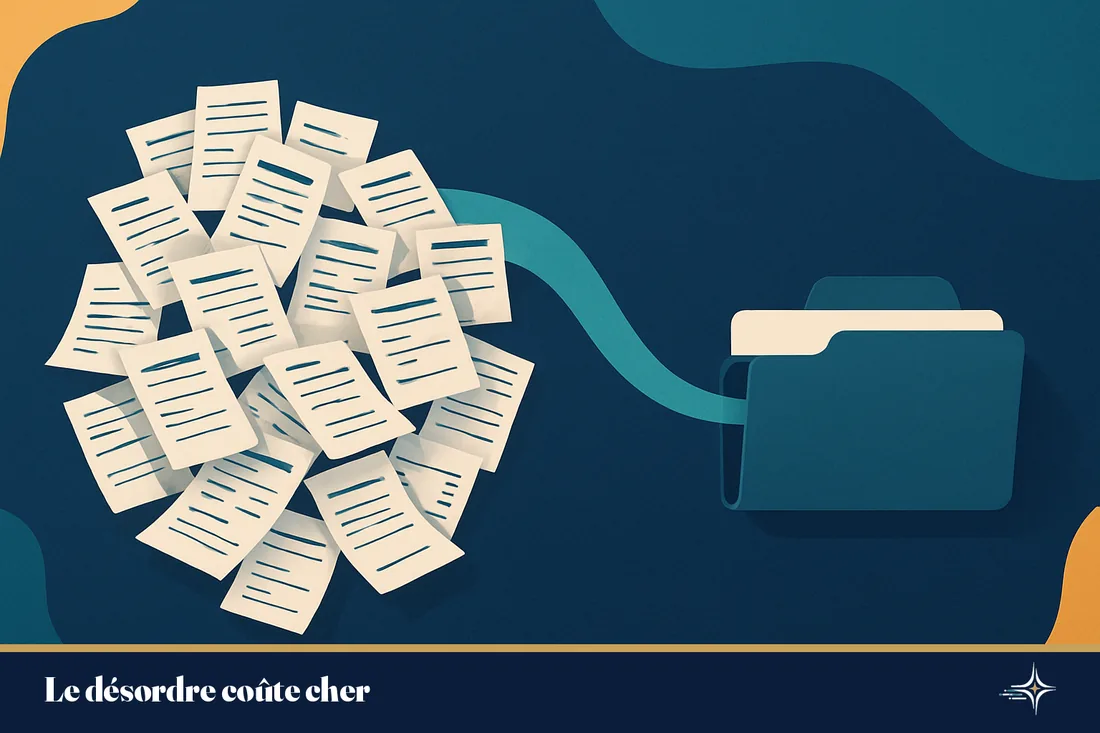 Illustration de pièces comptables éparses se rangeant en un flux ordonné vers un dossier