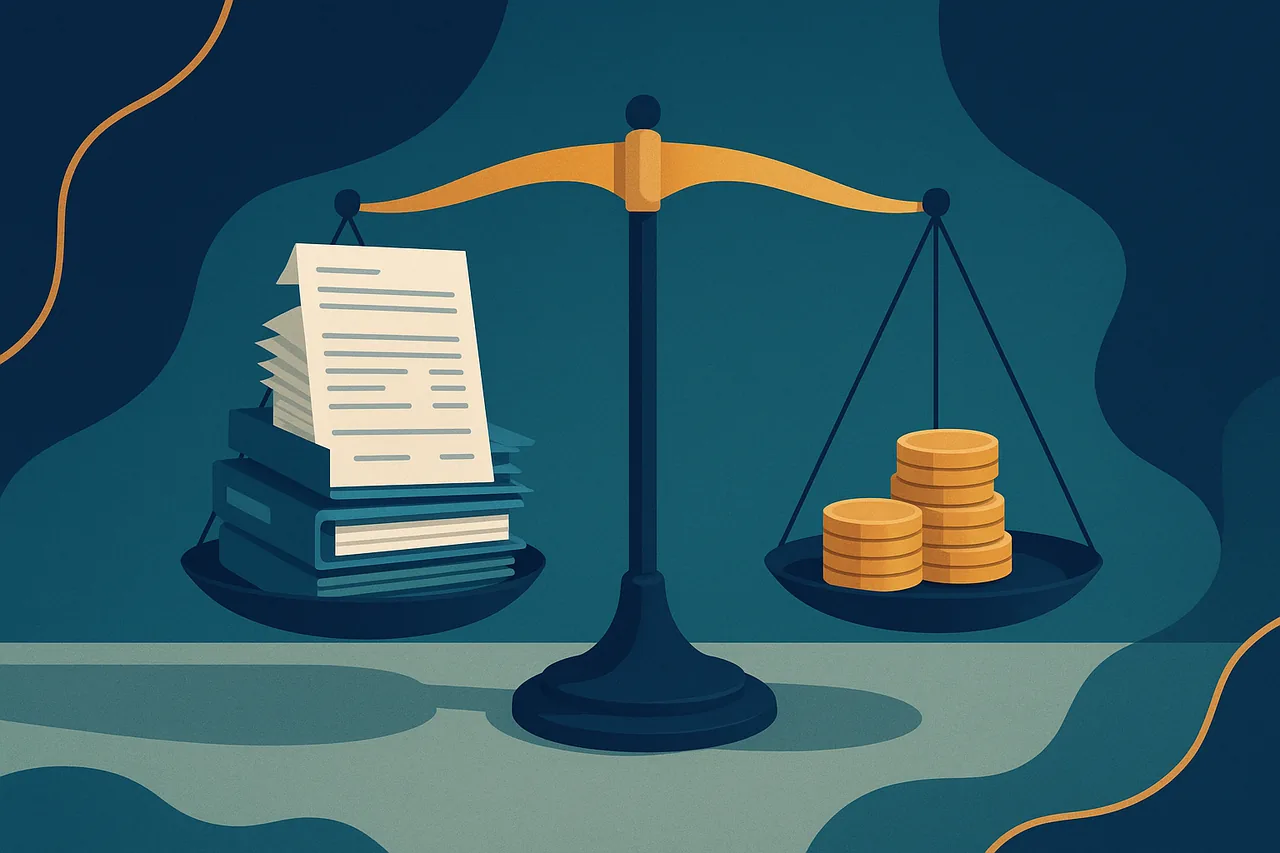 Illustration éditoriale d'une balance pesant des factures face à des pièces de monnaie