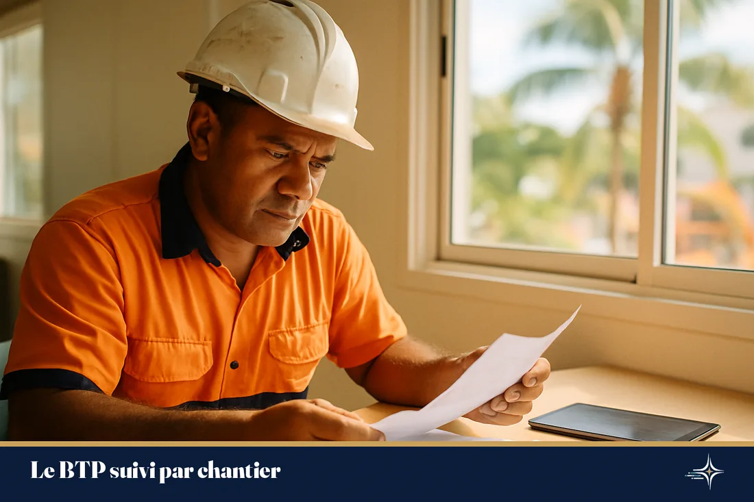 Un chef de chantier verifie ses factures sur un site a Noumea