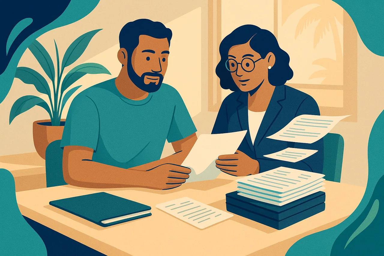 Illustration d'un dirigeant et d'un comptable examinant des documents à Nouméa