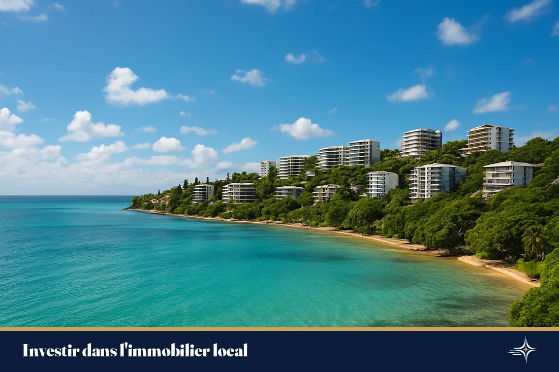 Le lagon de Noumea et des immeubles residentiels sur la colline