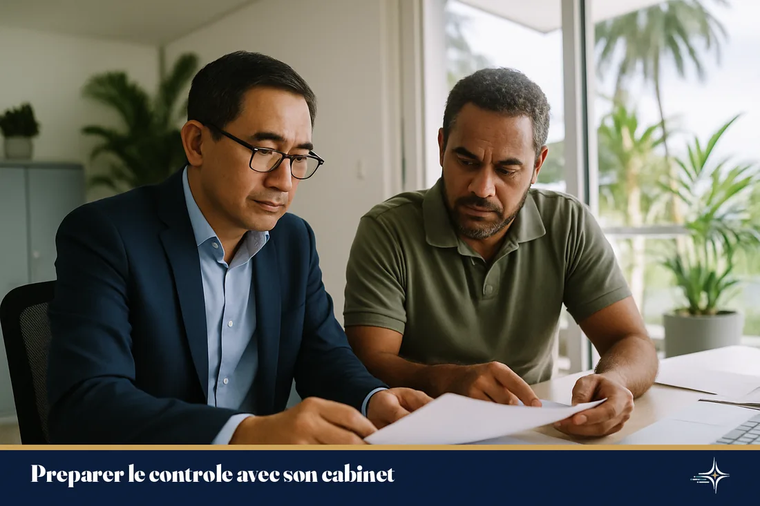 Un expert-comptable et un dirigeant de PME examinent des pièces ensemble dans un bureau à Nouméa