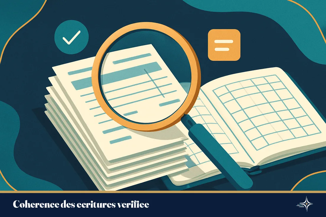 Une loupe examine des factures et un grand livre bien ordonnés