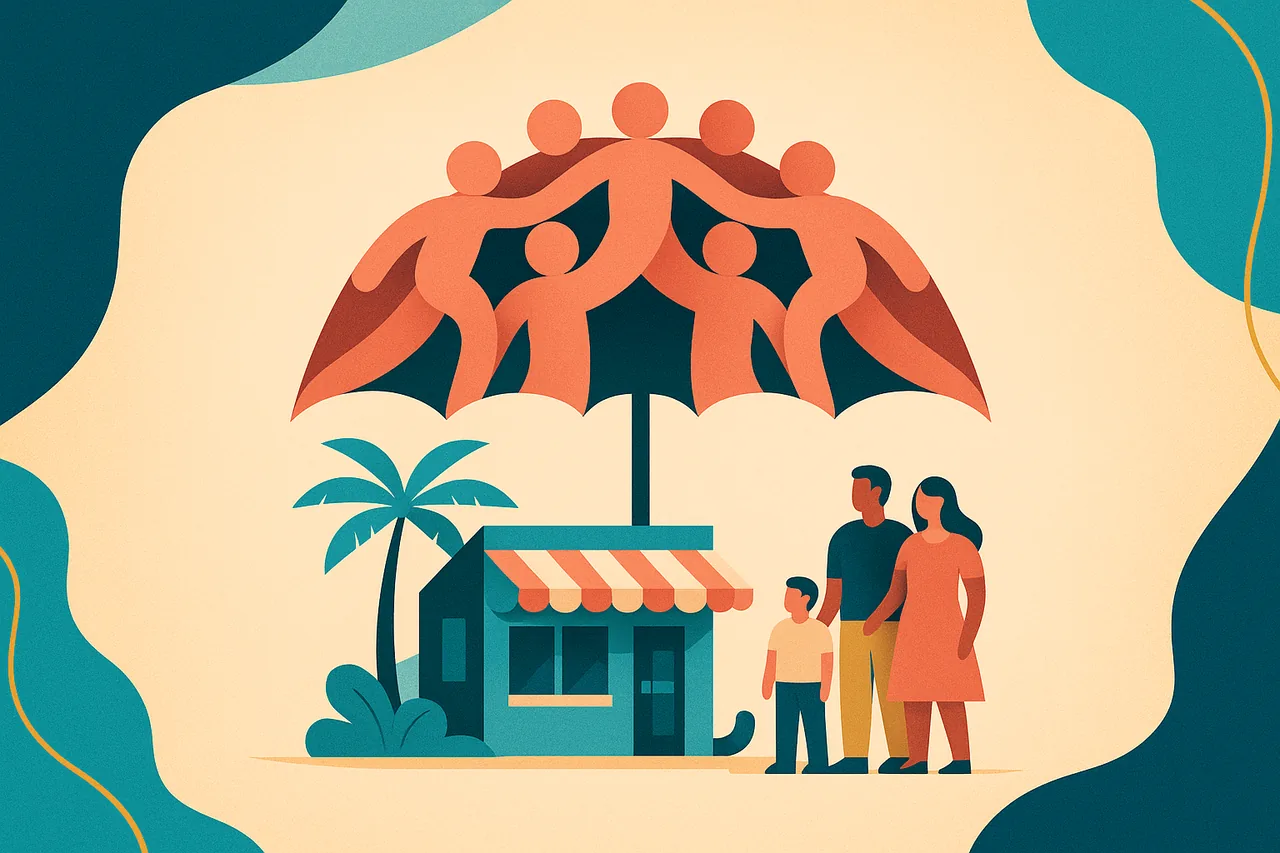 Illustration d'un parapluie de solidarité protégeant une petite entreprise et une famille