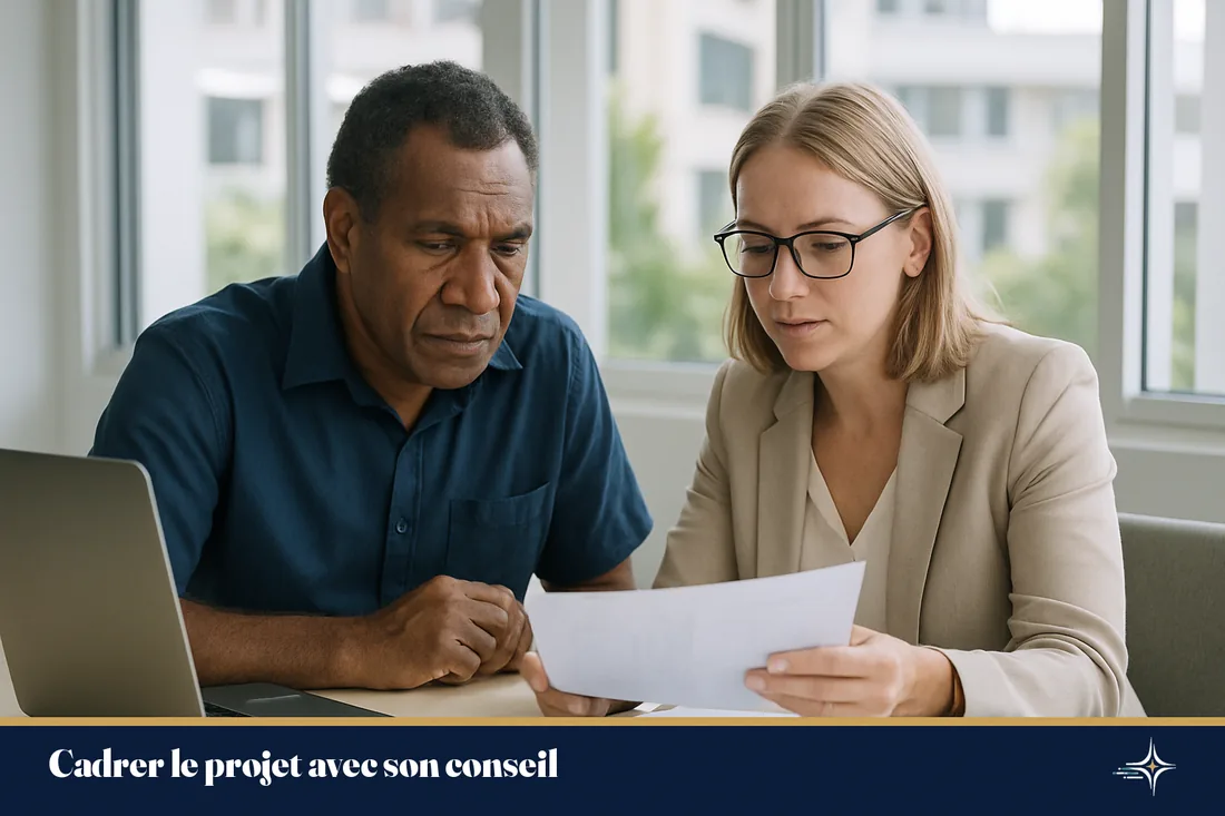 Un dirigeant et son expert-comptable examinent un dossier d'investissement dans un bureau à Nouméa