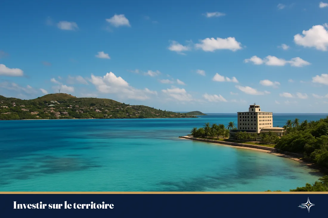 Littoral de Nouméa avec lagon turquoise et bâtiment d'activité en bord de mer
