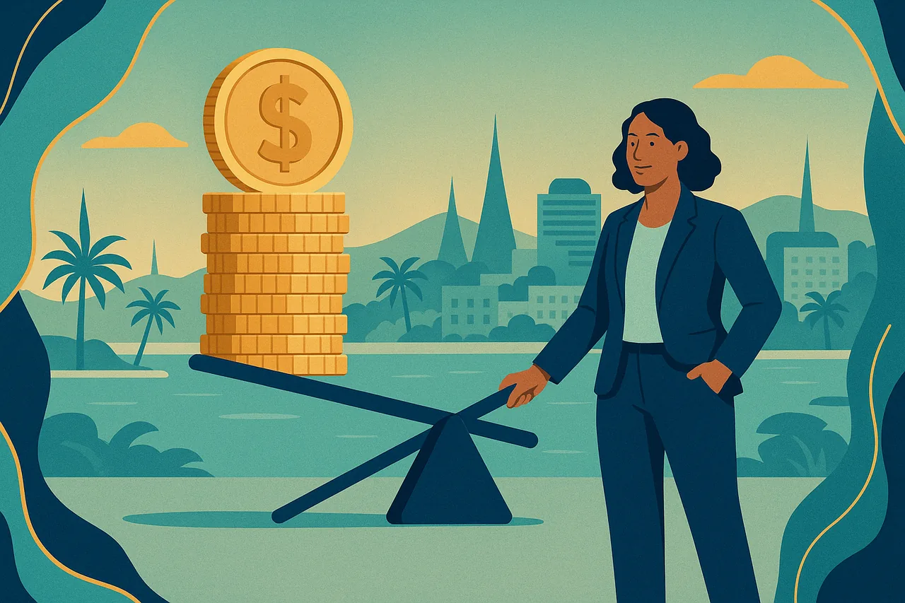 Illustration d'un dirigeant calédonien actionnant un levier qui allège une pile de pièces