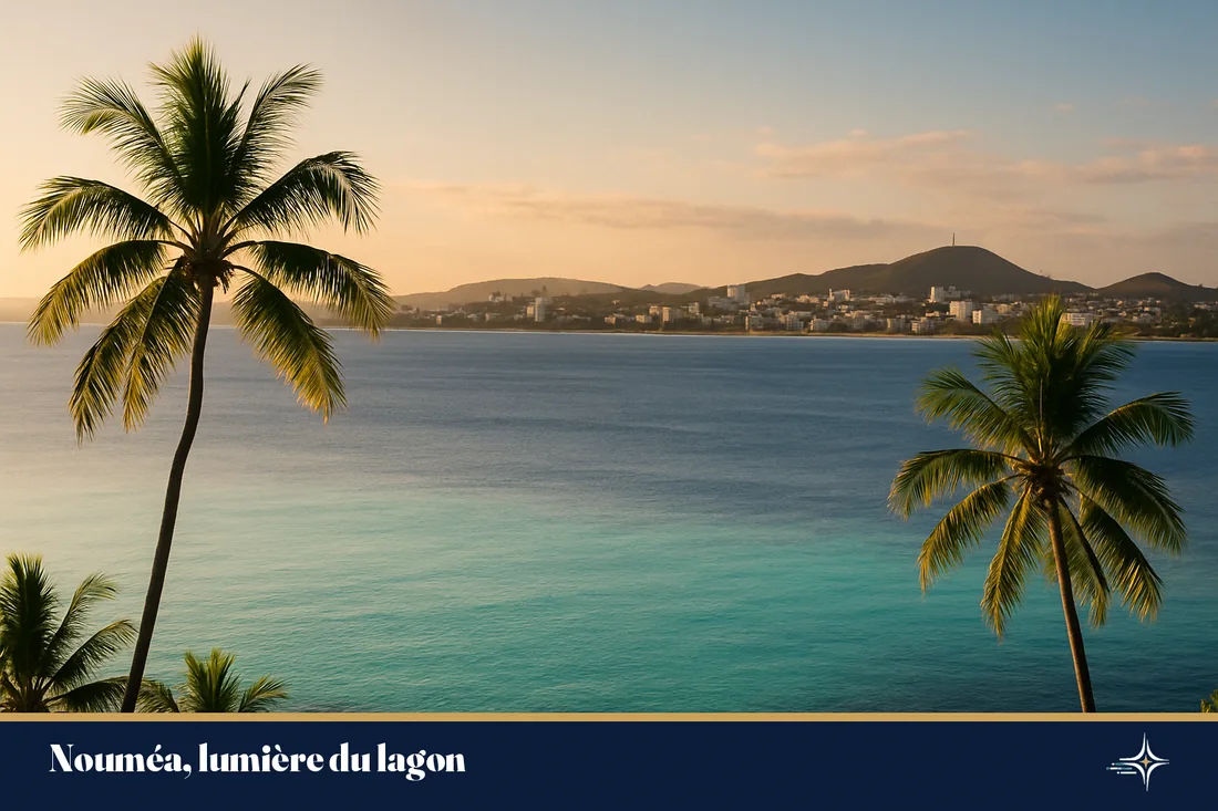 Baie de Nouméa au lagon turquoise et cocotiers sous une lumière dorée du Pacifique Sud