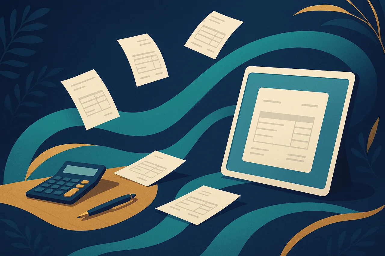 Illustration de documents comptables organisés circulant vers un écran épuré aux couleurs ASTER
