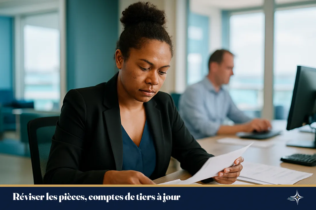 Collaboratrice d'un cabinet comptable calédonien révisant des factures clients et fournisseurs dans un bureau lumineux