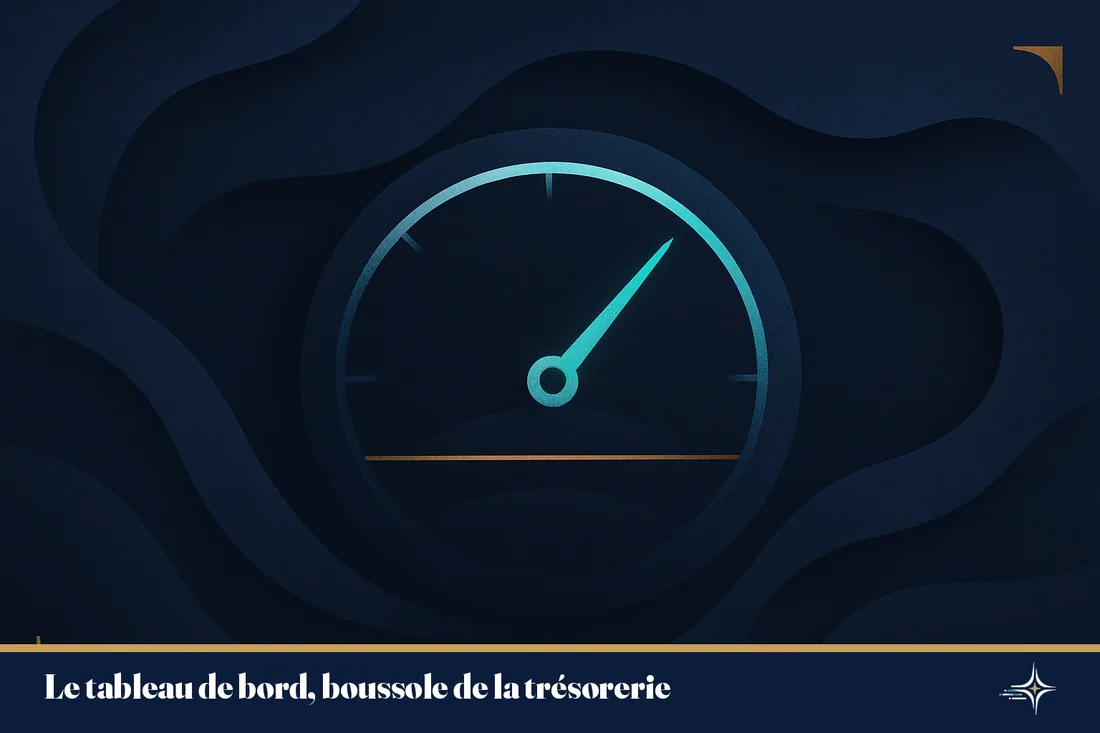 Illustration conceptuelle du tableau de bord comme boussole de trésorerie, charte bleu nuit, turquoise et or