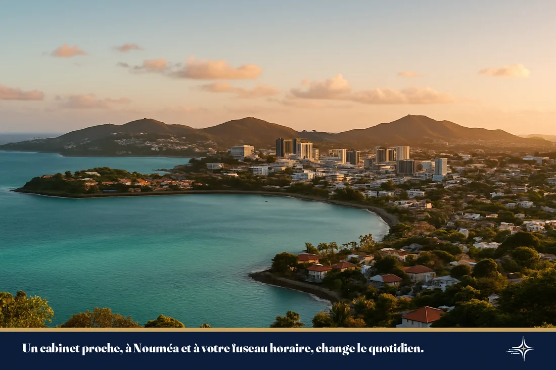 Vue panoramique de Nouméa et de son lagon à la lumière dorée