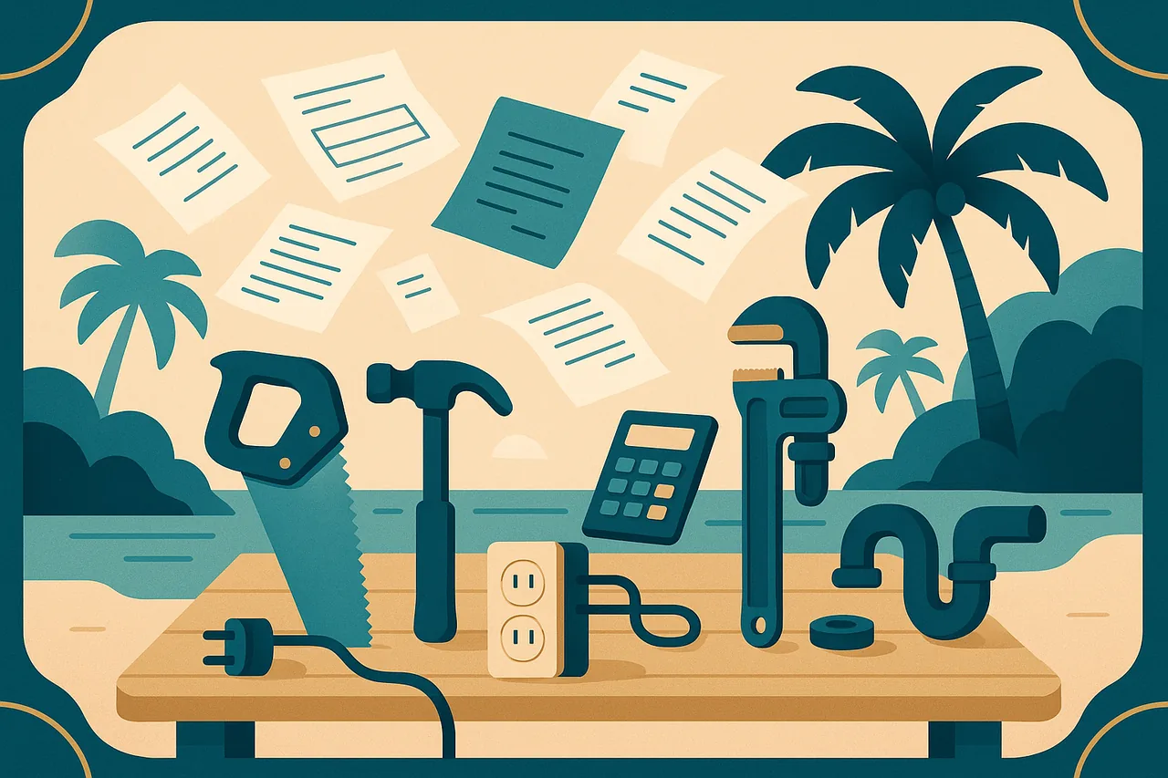 Illustration d'un artisan calédonien entouré d'outils et de documents comptables