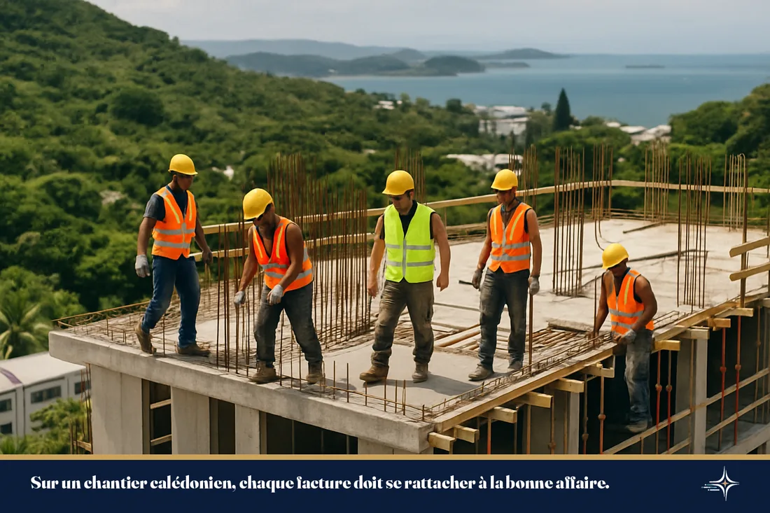 Un chantier de construction à Nouméa devant les collines et le lagon