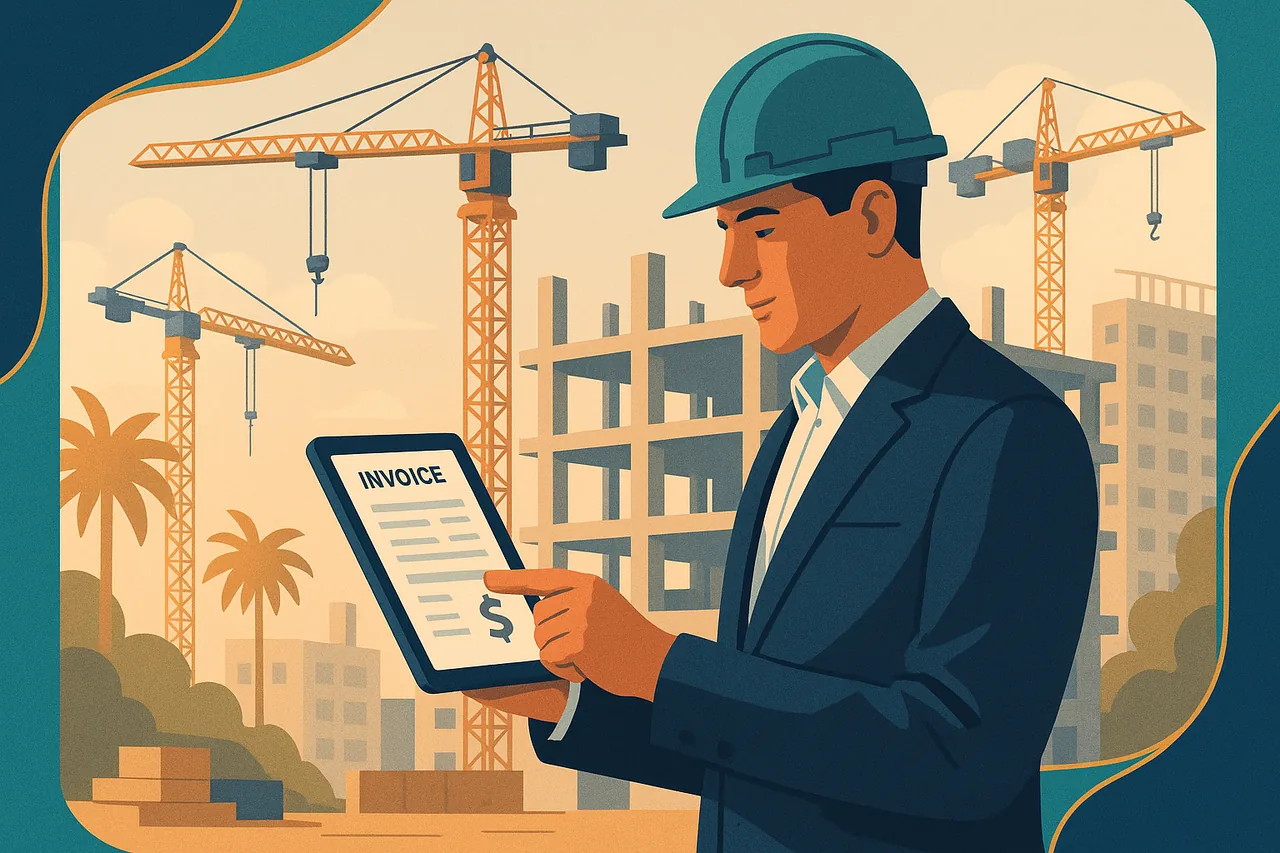 Un conducteur de travaux vérifie ses factures sur une tablette au pied d'un chantier