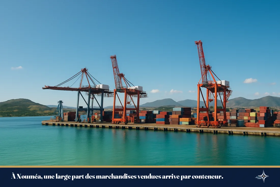 Port de commerce de Nouméa avec conteneurs et grues