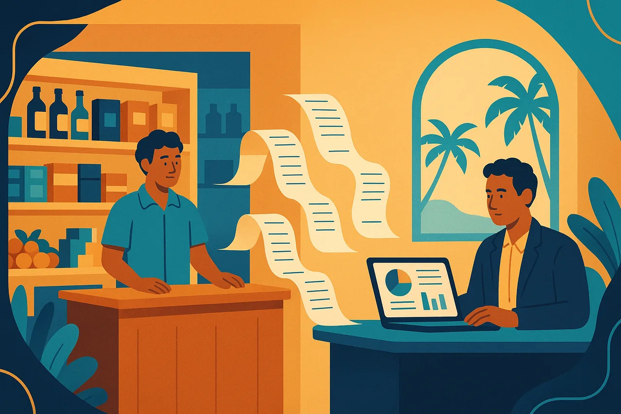 Illustration d'un commerçant transmettant ses pièces à son expert-comptable