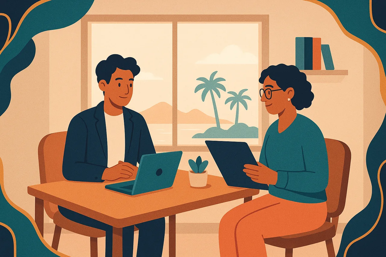 Illustration d'un créateur d'entreprise rencontrant son expert-comptable à Nouméa