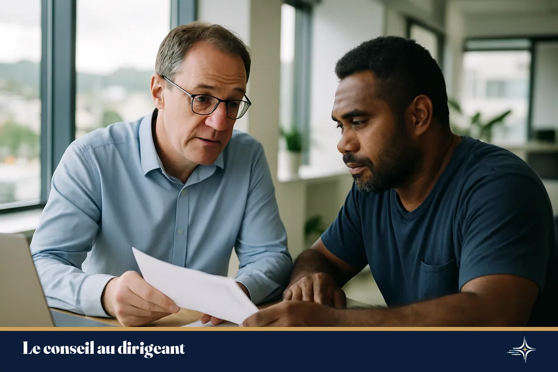 Un expert-comptable échange avec un dirigeant de PME dans un bureau à Nouméa