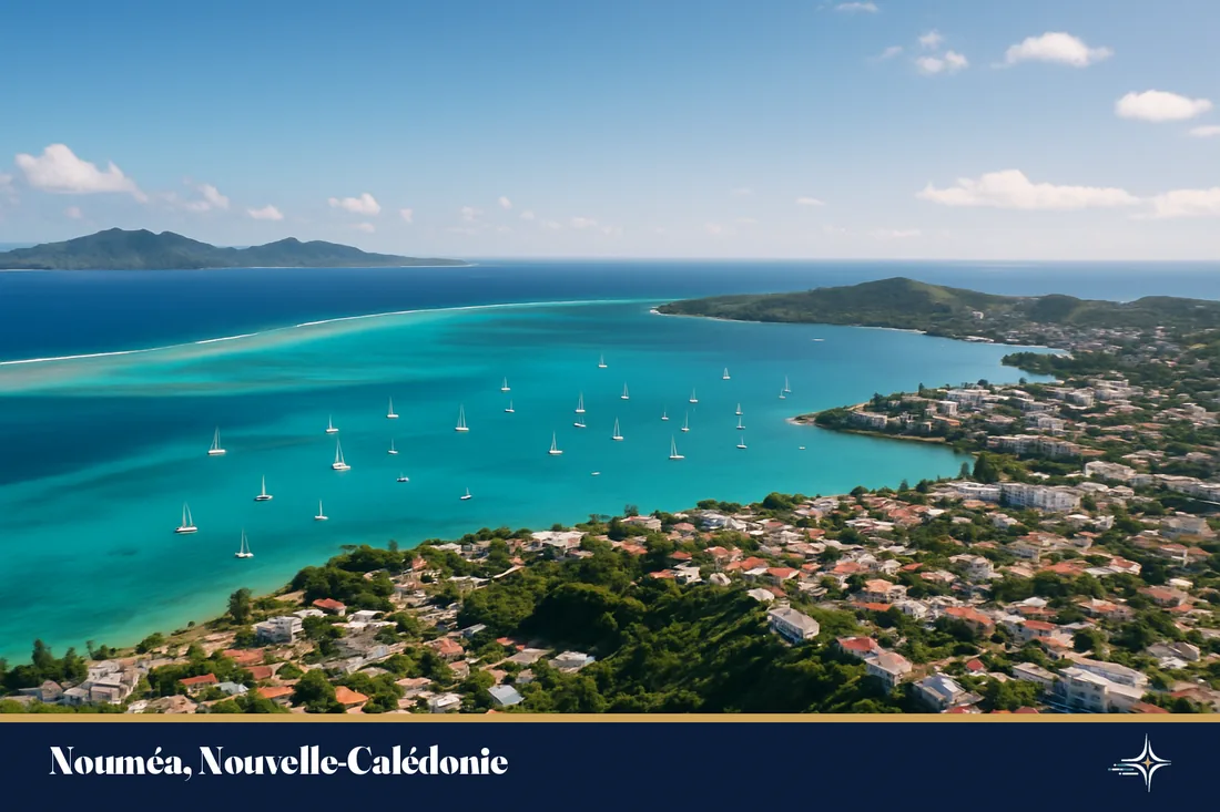 Vue aérienne du lagon et de la ville de Nouméa