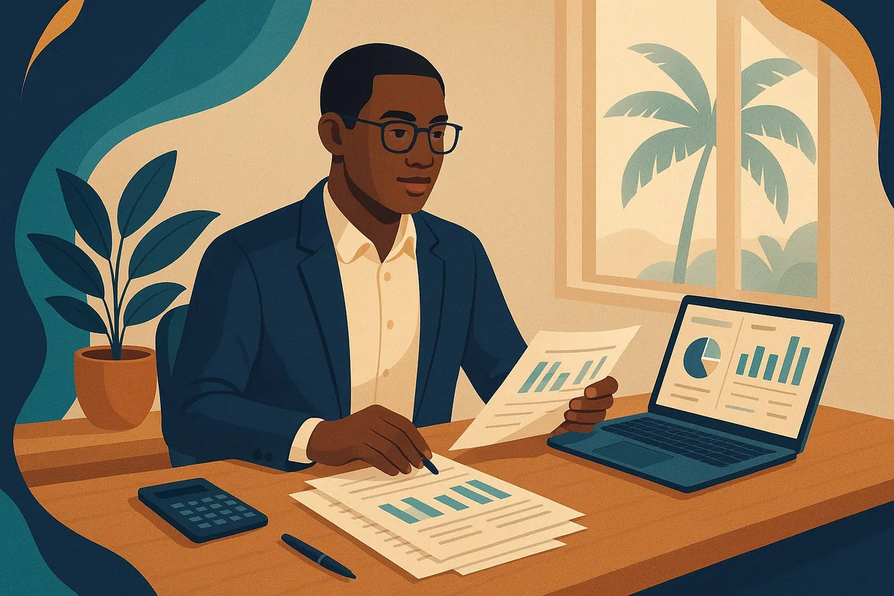 Illustration d'un expert-comptable révisant des comptes à son bureau