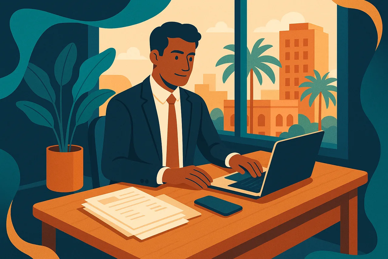 Illustration d'un professionnel libéral organisant sa comptabilité dans un bureau lumineux
