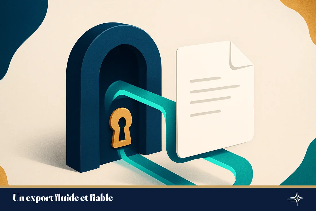 Illustration conceptuelle d'un fichier comptable exporté de façon fluide et sécurisée vers un logiciel