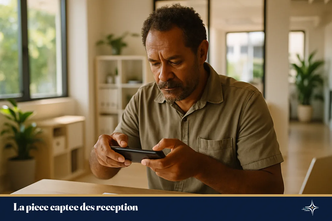 Une dirigeante photographie une facture avec son telephone au comptoir