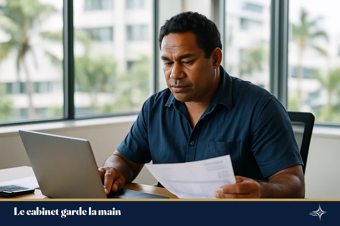 Comptable calédonien révisant des factures sur un écran dans un bureau lumineux à Nouméa