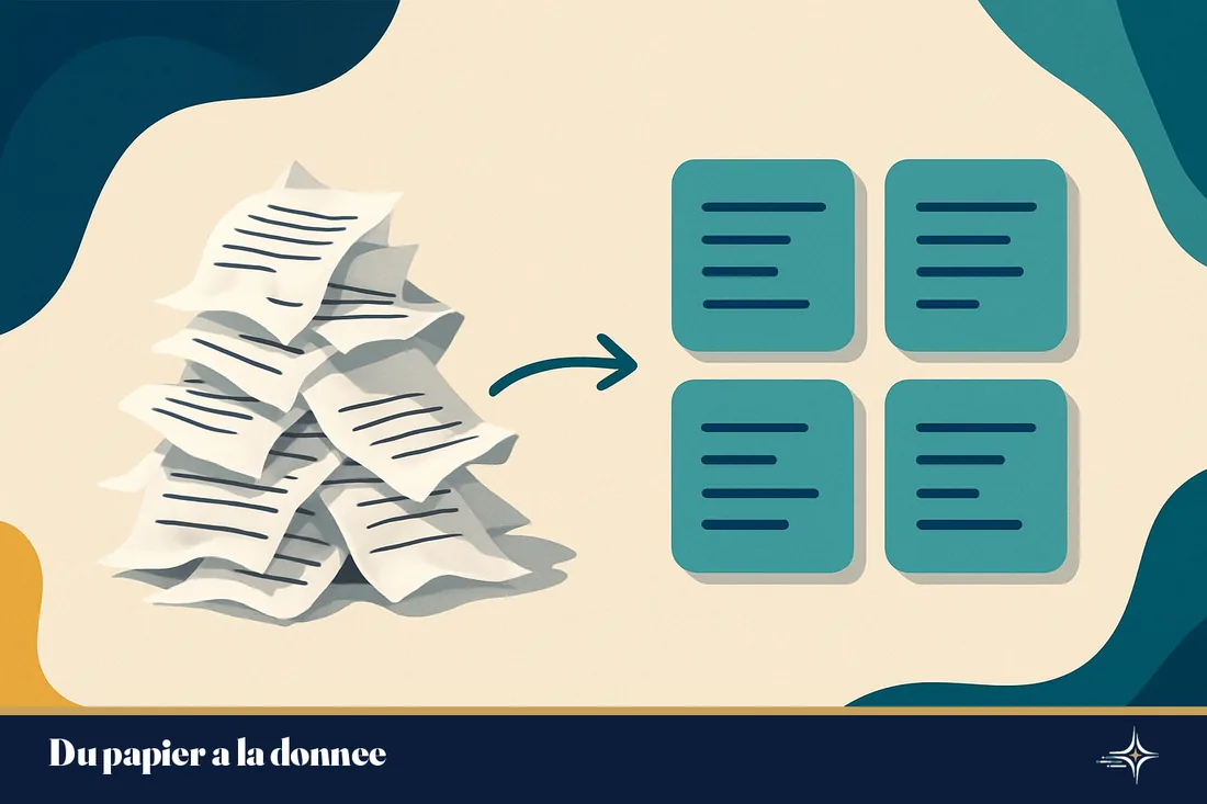 Illustration montrant une pile de tickets froissés devenant des données numériques rangées