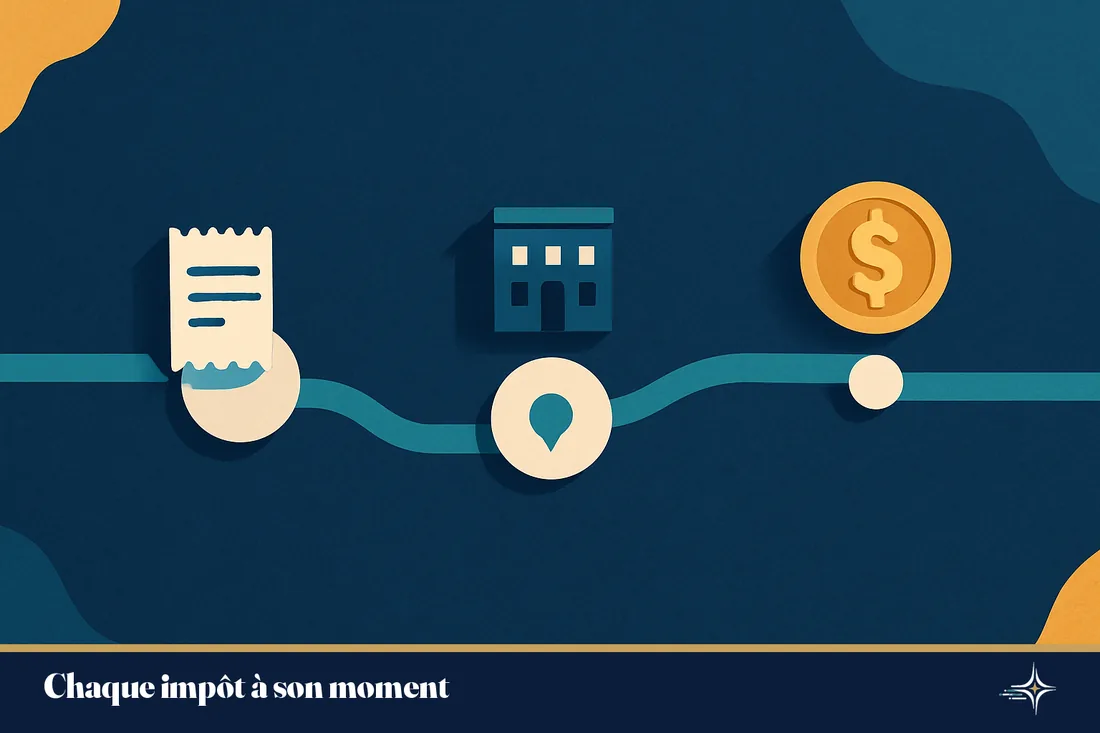 Illustration d'une frise représentant les différents moments d'imposition d'une entreprise