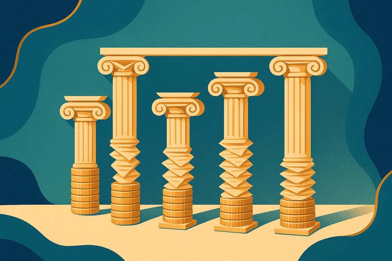 Illustration éditoriale de quatre piliers symbolisant les impôts des entreprises