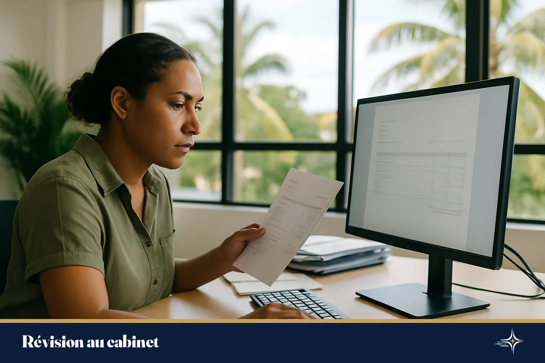 Collaboratrice de cabinet révisant une écriture à Nouméa