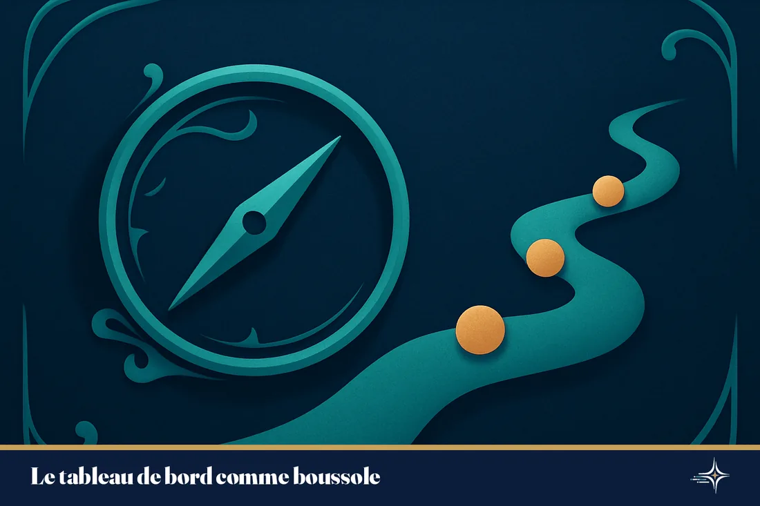 Illustration conceptuelle d'une boussole turquoise guidant le pilotage fiscal anticipé