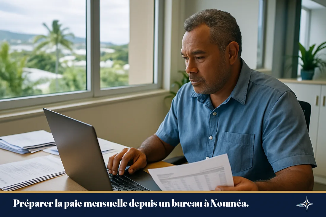 Chef d'entreprise préparant la paie de ses salariés dans un bureau à Nouméa