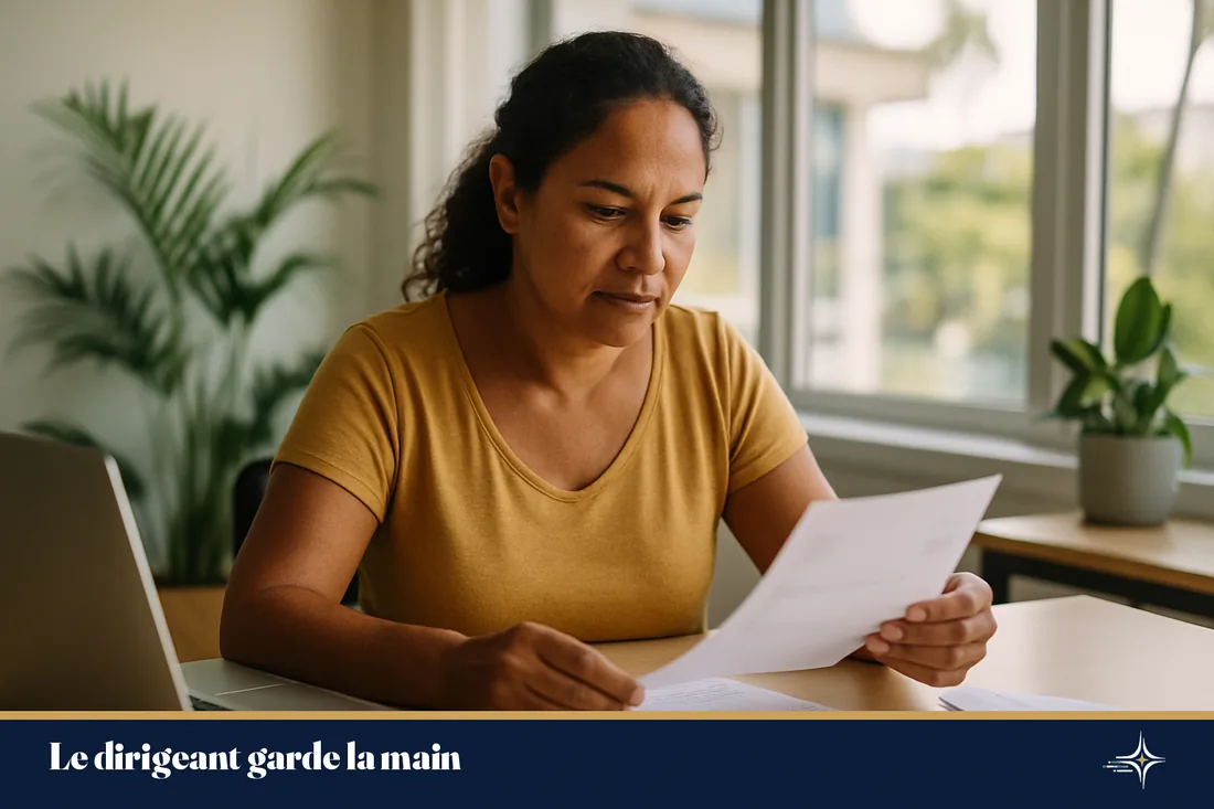 Dirigeante calédonienne classant ses factures dans un bureau lumineux à Nouméa