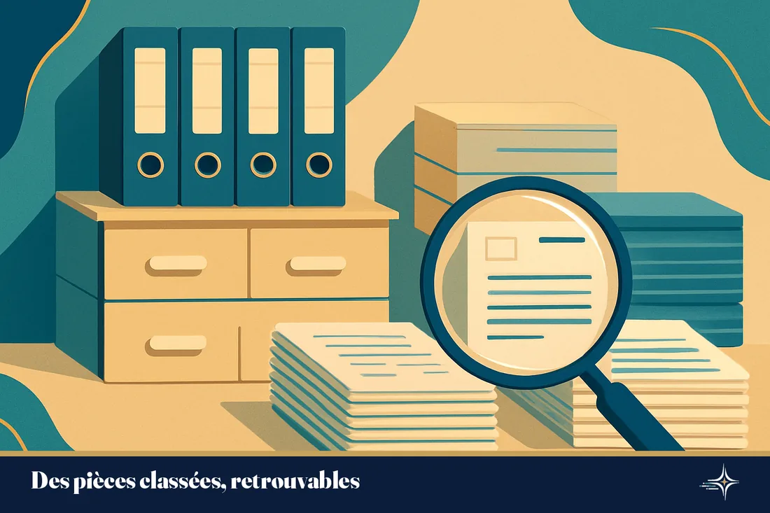 Illustration de pièces comptables classées par date et par fournisseur