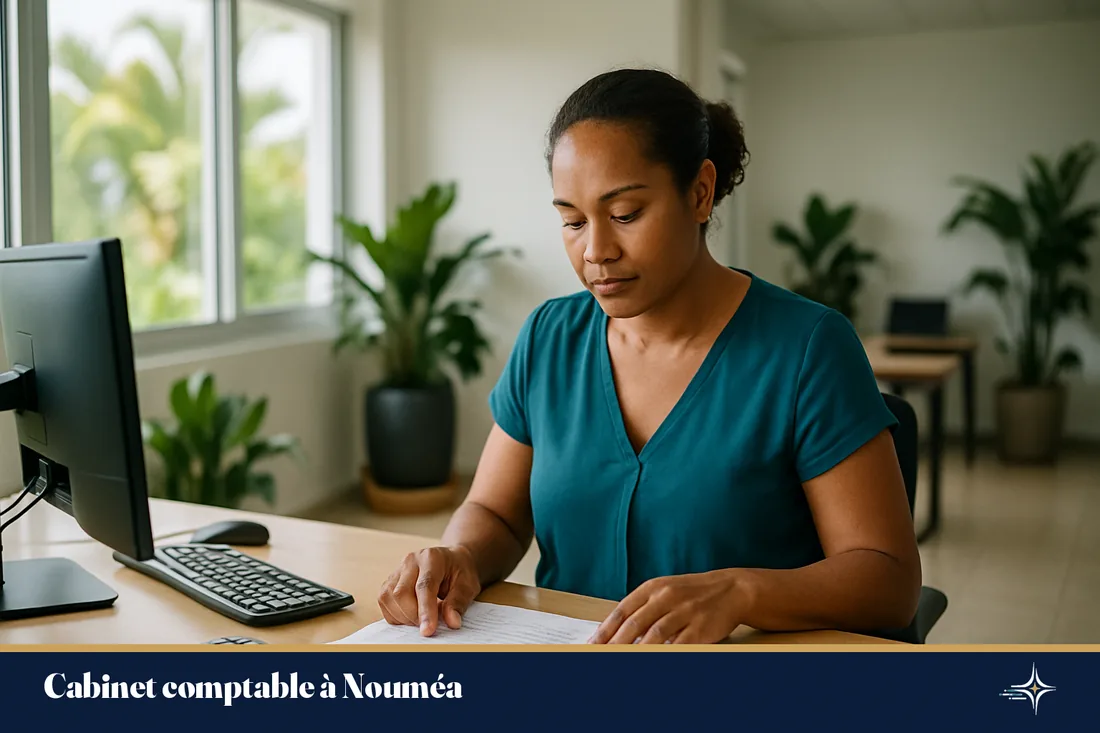 Comptable révisant des factures dans un bureau lumineux à Nouméa