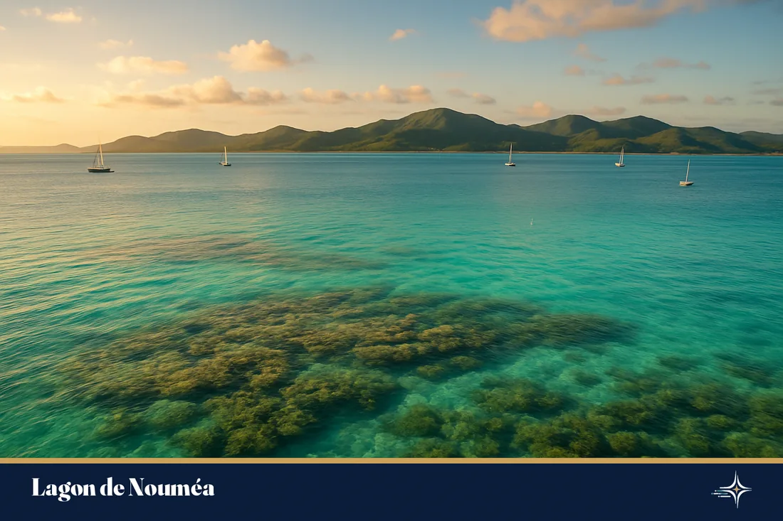 Lagon de Nouméa au coucher du soleil, eau turquoise et voiliers